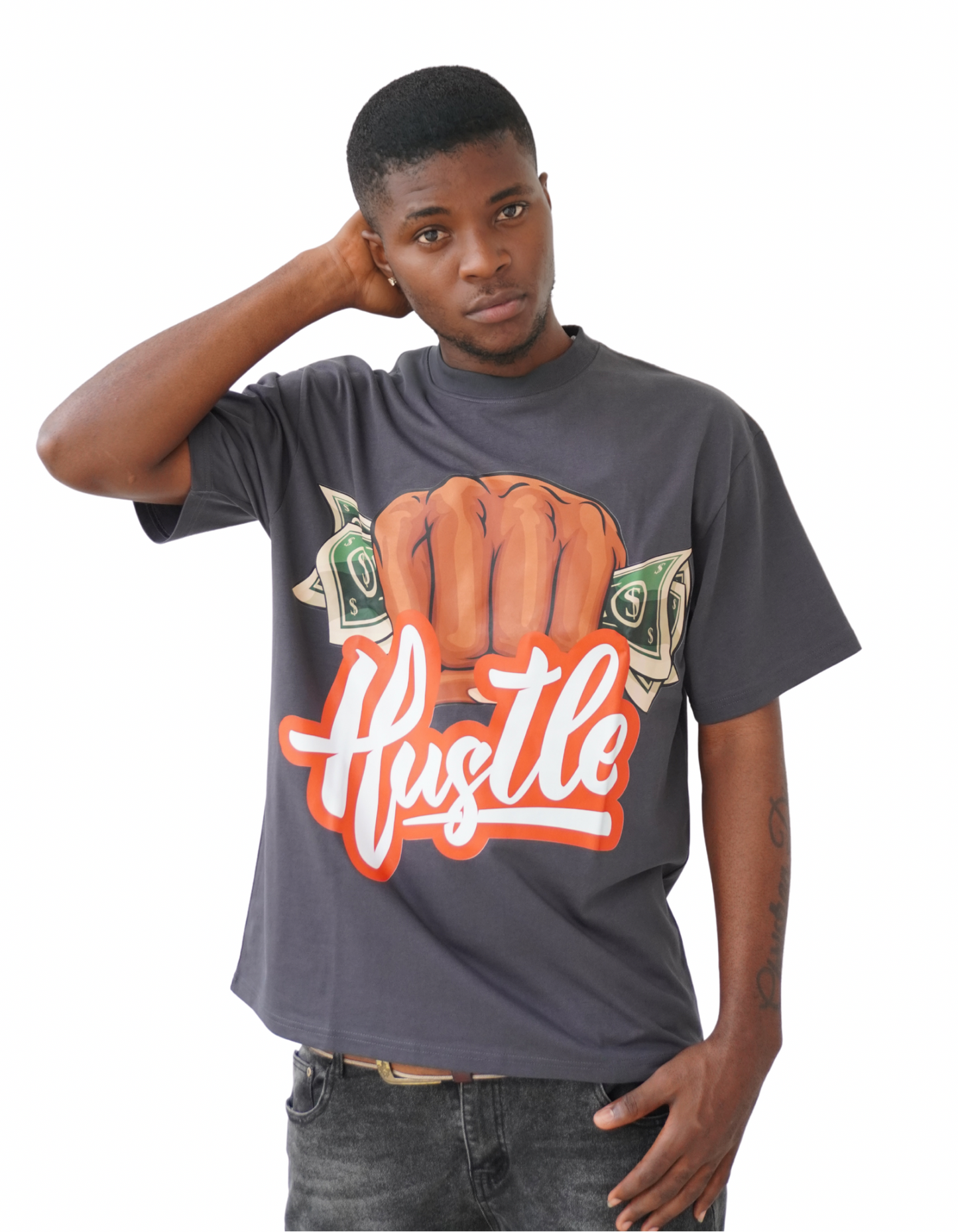 Hustle Graphic Tee-Charcoal black